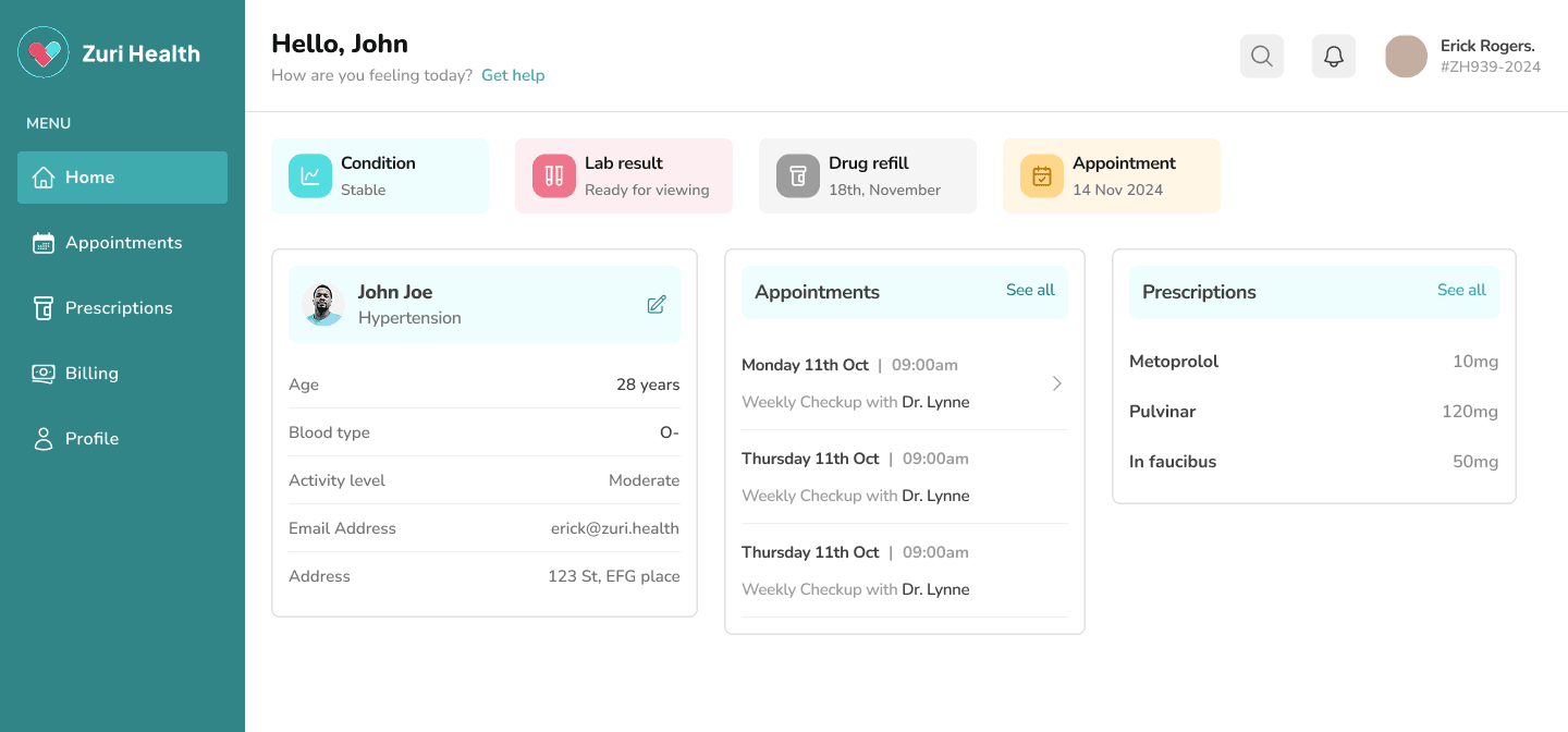 Zuri Health — patient dashboard UI